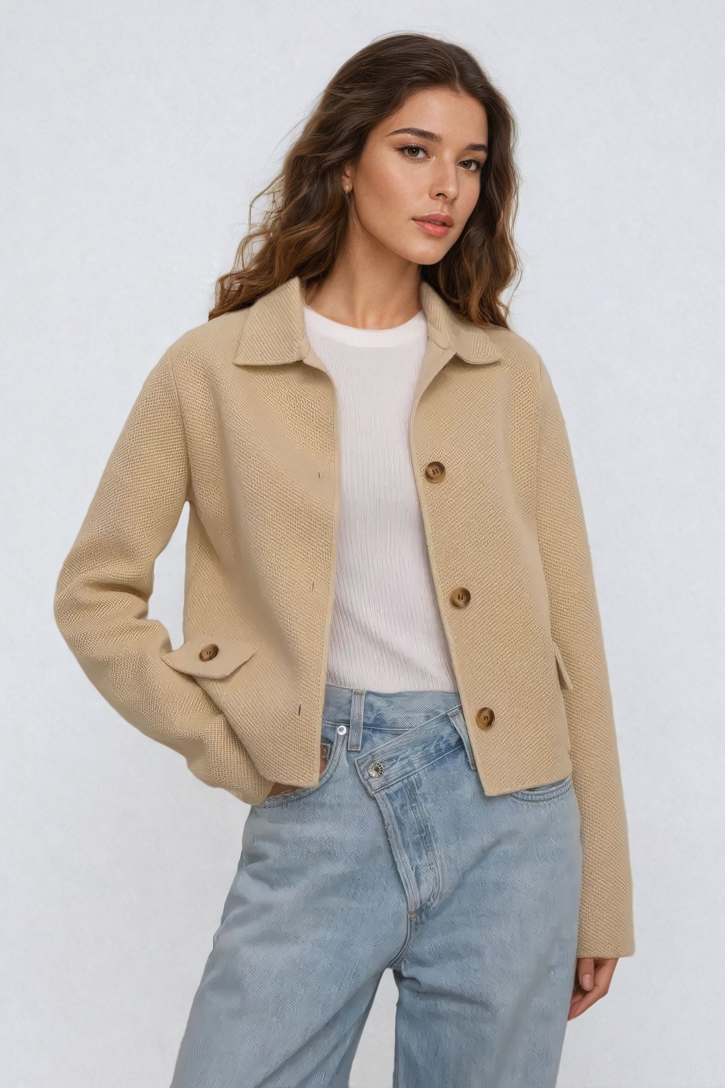 Cropped Knitted Button-Up Jacket - Beige