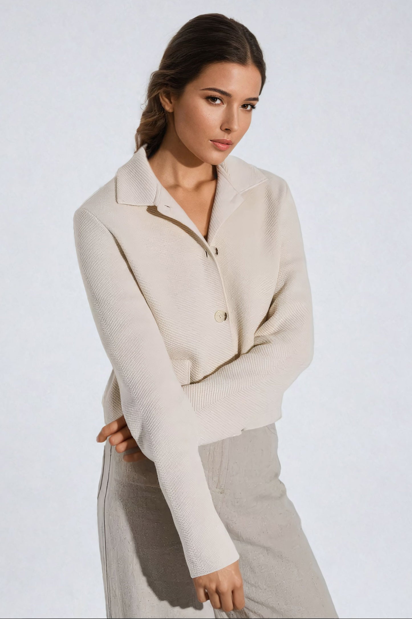 Cropped Knitted Button-Up Jacket - White