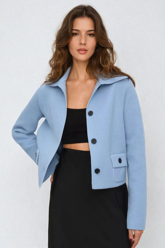 Cropped Knitted Button-Up Jacket - Light Blue