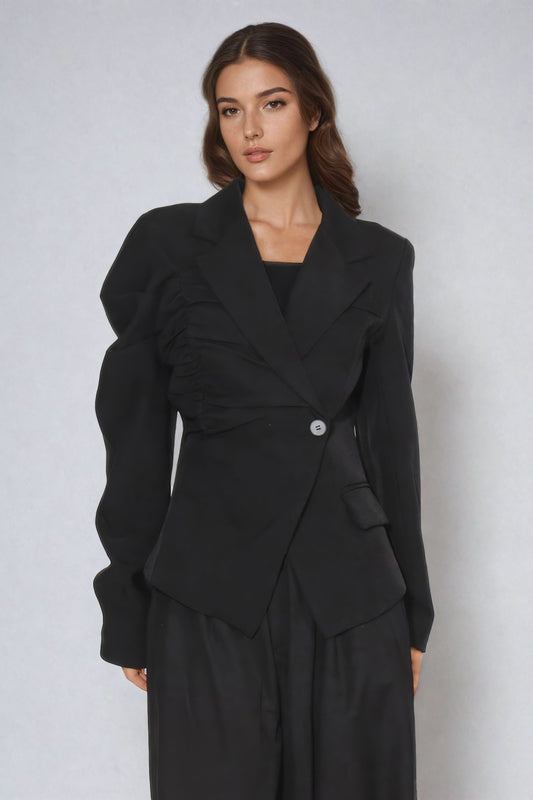 Ruched Sleeve Asymmetrical Blazer - Black