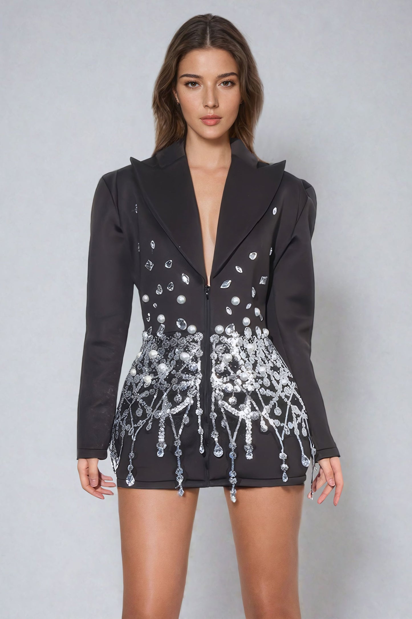 Embellished Mini Dress with Crystal and Sequin Detailing - Black