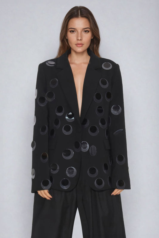 Statement Blazer with Geometric Cutout Embellishments - Black