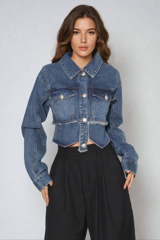 Cropped Distressed Denim Jacket with Frayed Hem - Blue