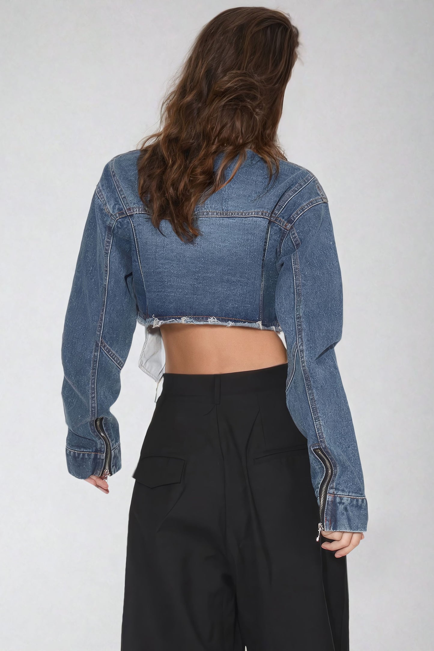 Cropped Distressed Denim Jacket with Frayed Hem - Blue