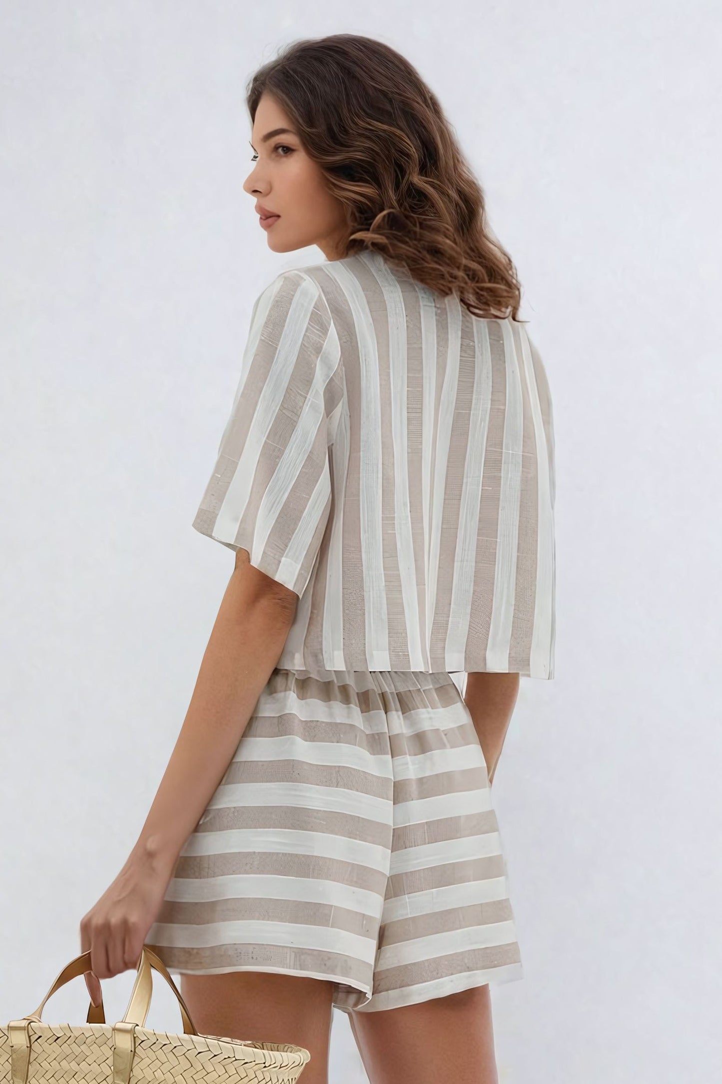 Two-Piece Set with Striped Button-Down Top and High-Waisted Shorts - Beige