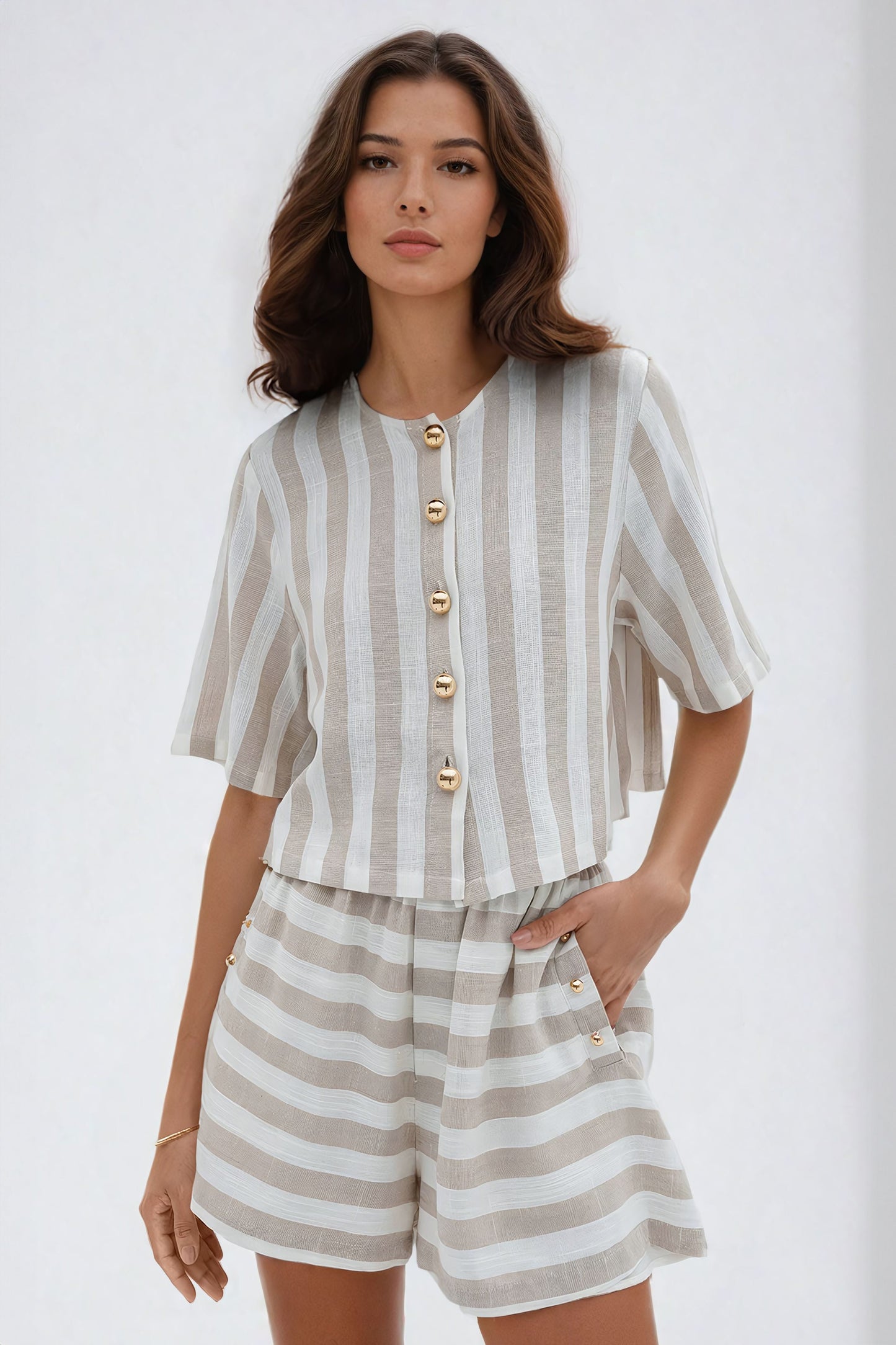 Two-Piece Set with Striped Button-Down Top and High-Waisted Shorts - Beige