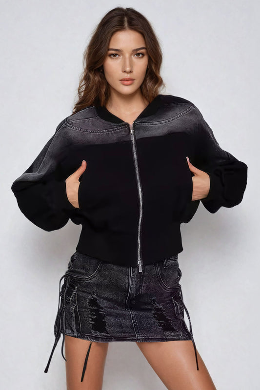 Denim Accent Zip-Front Cropped Jacket - Black