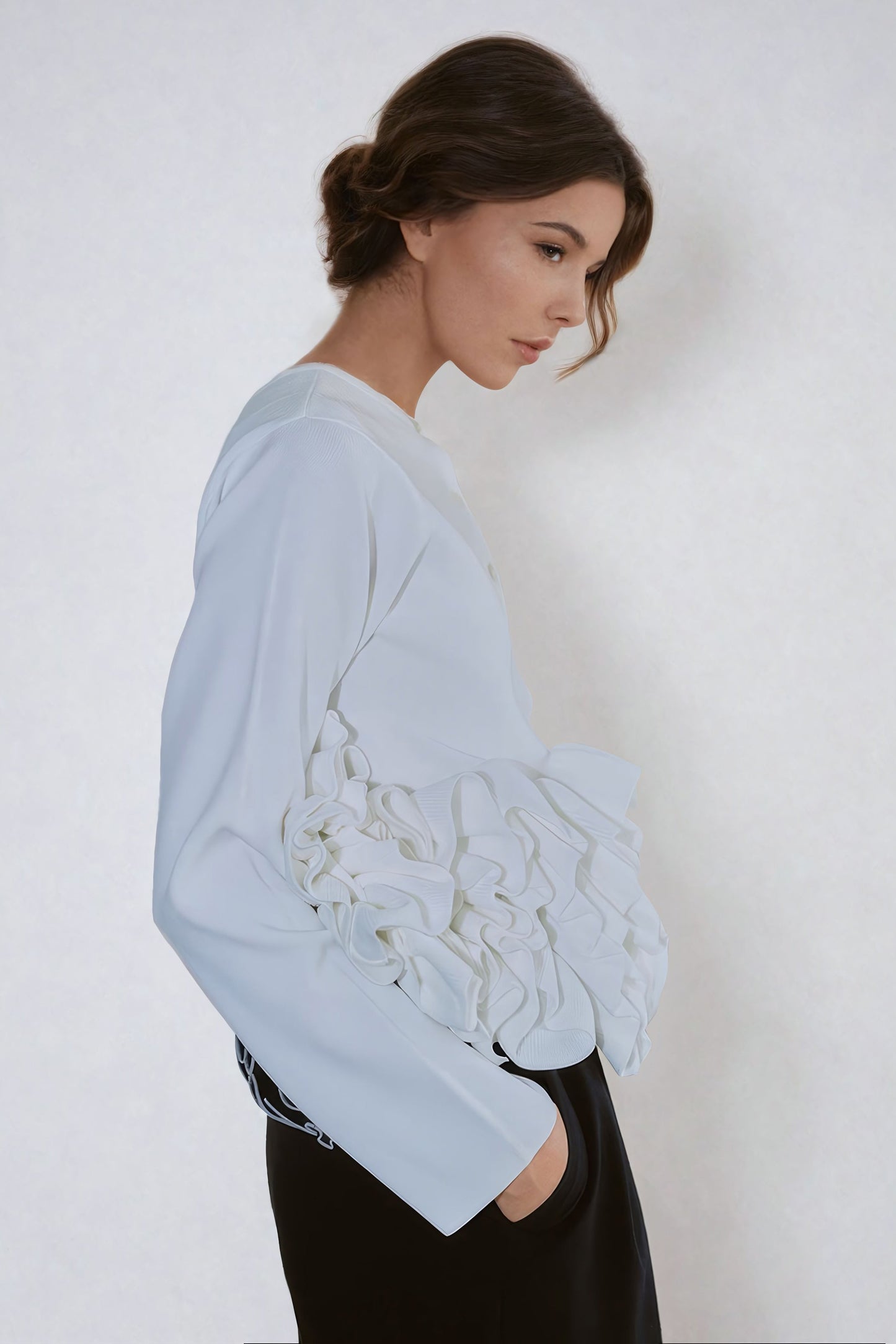 Button-Front Ruffle Longsleeve Top - White