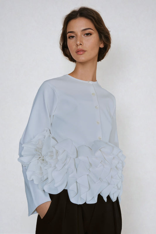 Button-Front Ruffle Longsleeve Top - White