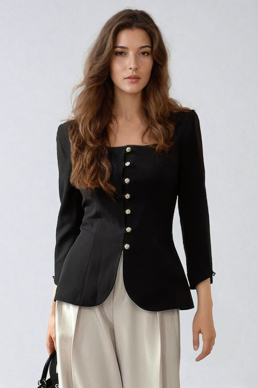 Tailored Button-Front Blazer with Square Neckline - Black