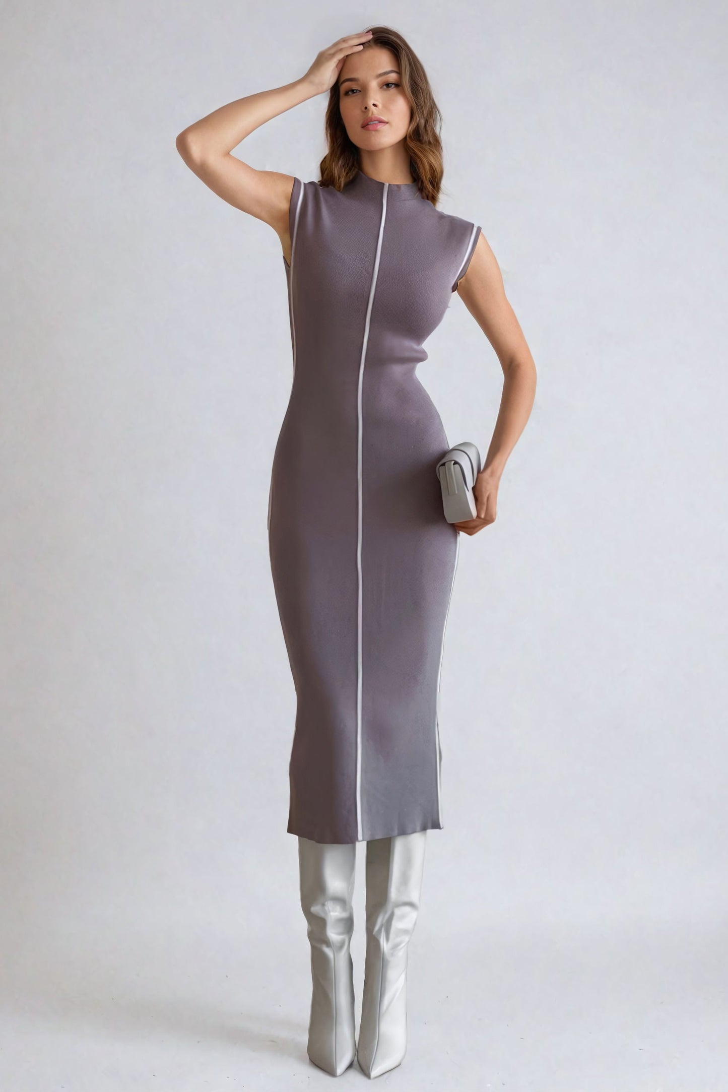 Sleeveless Ribbed Bodycon Midi Dress - Gray