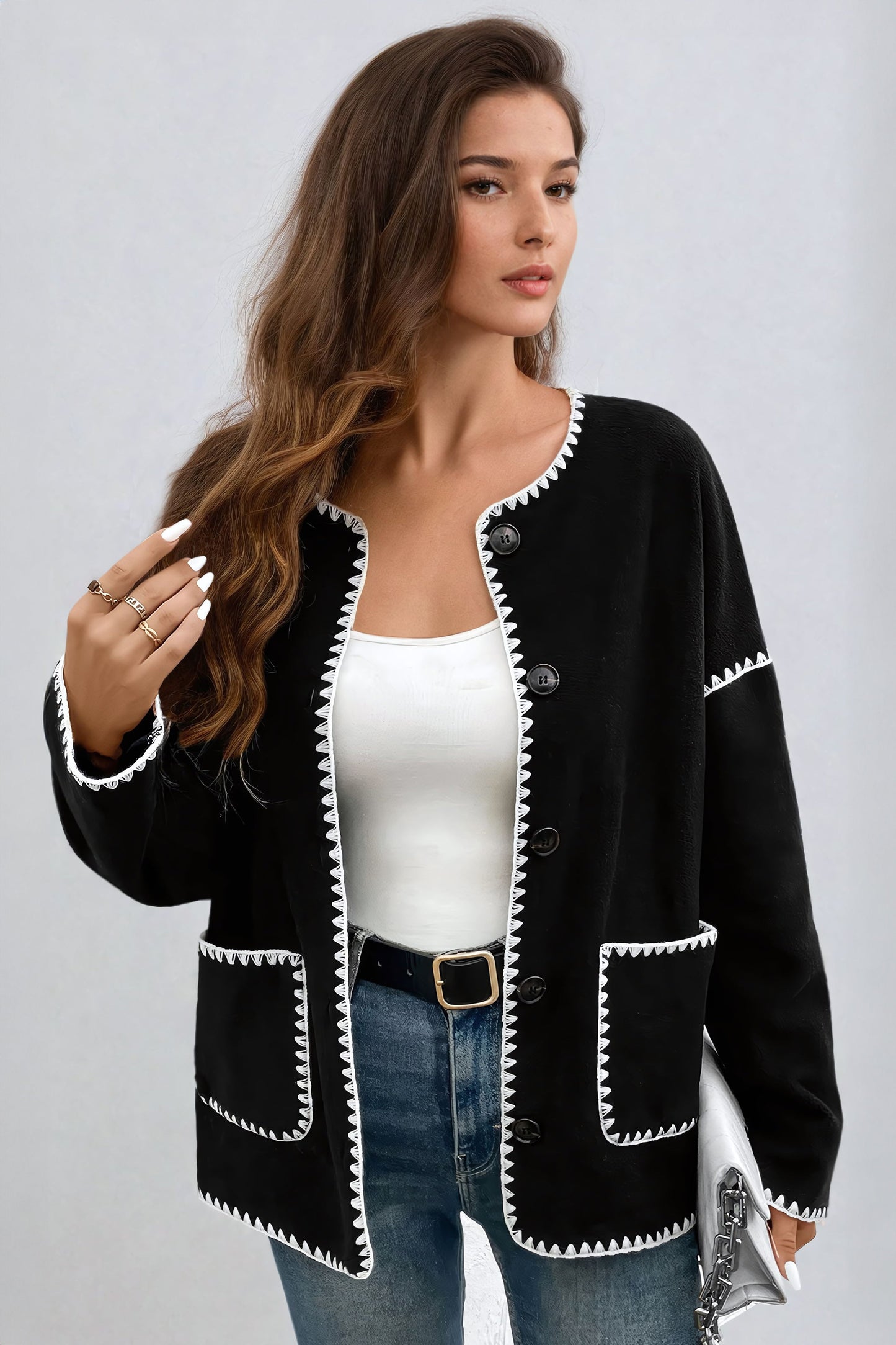 Button-Up Cardigan with Trim Detailing - Black