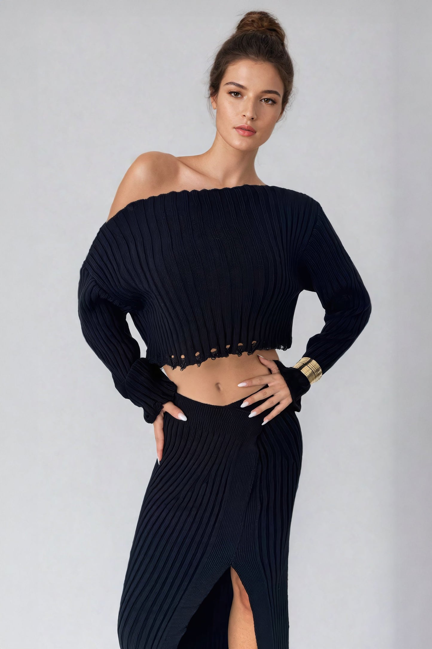 Knitted Cropped Top and High-Slit Maxi Skirt Co-Ord Set - Black