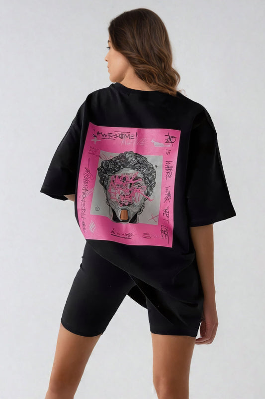 Oversized Graphic T-Shirt with Back Print - Black