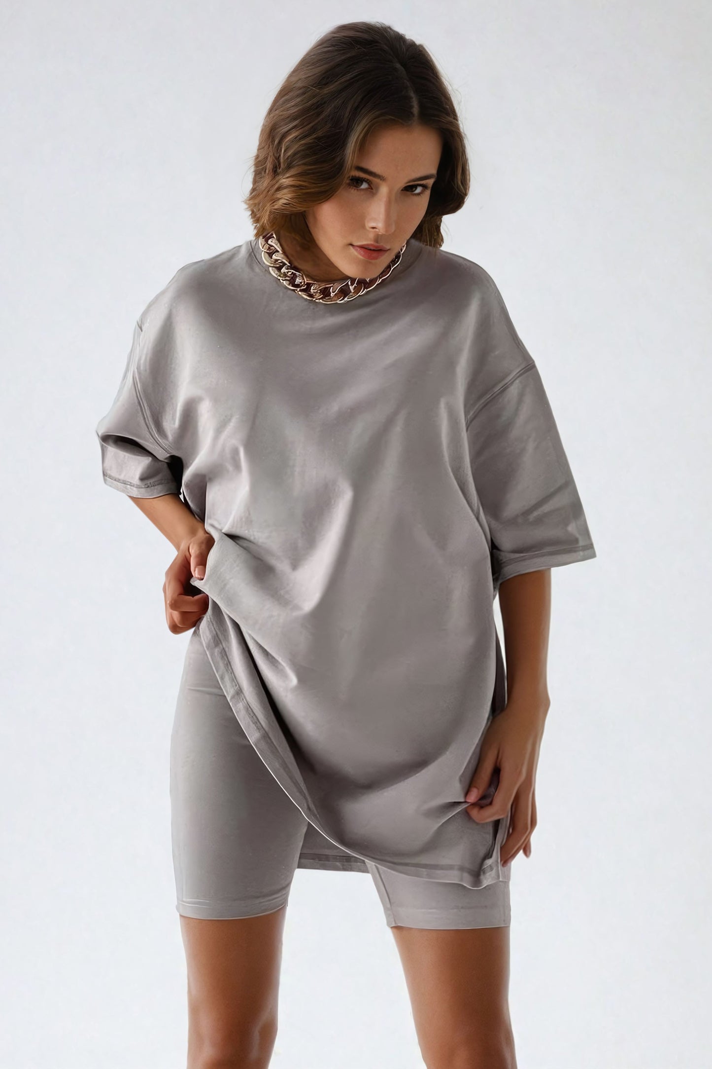 Oversized Graphic T-Shirt with Back Print - Gray