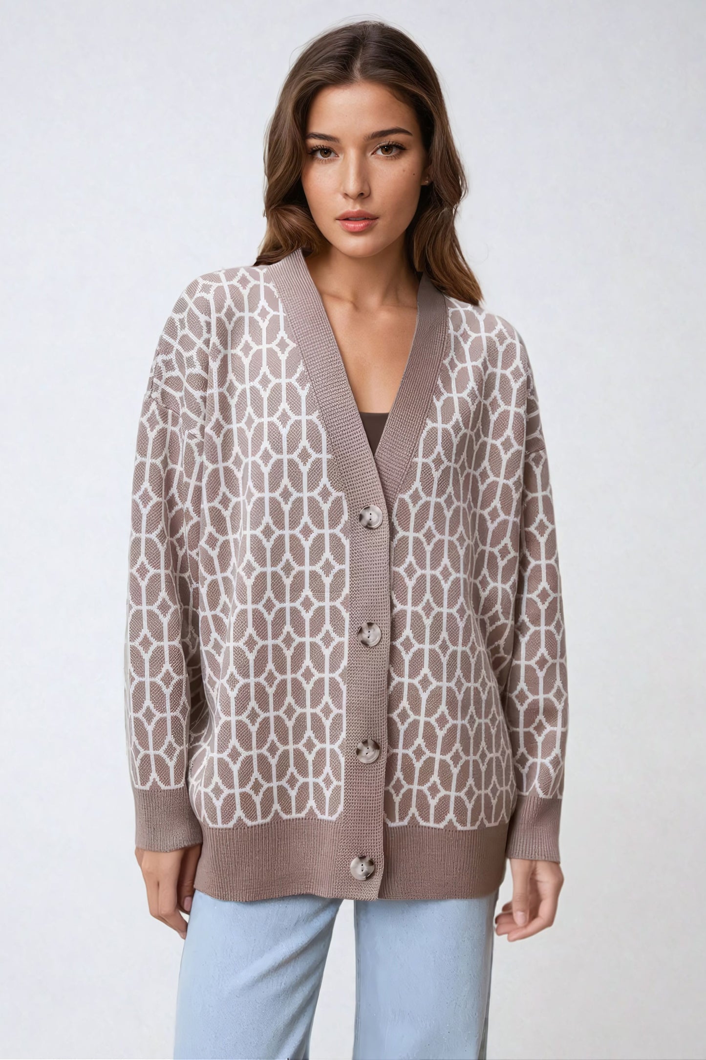Geometric Pattern Button-Up Knitted Cardigan - Brown