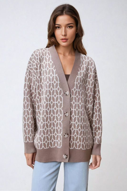 Geometric Pattern Button-Up Knitted Cardigan - Brown