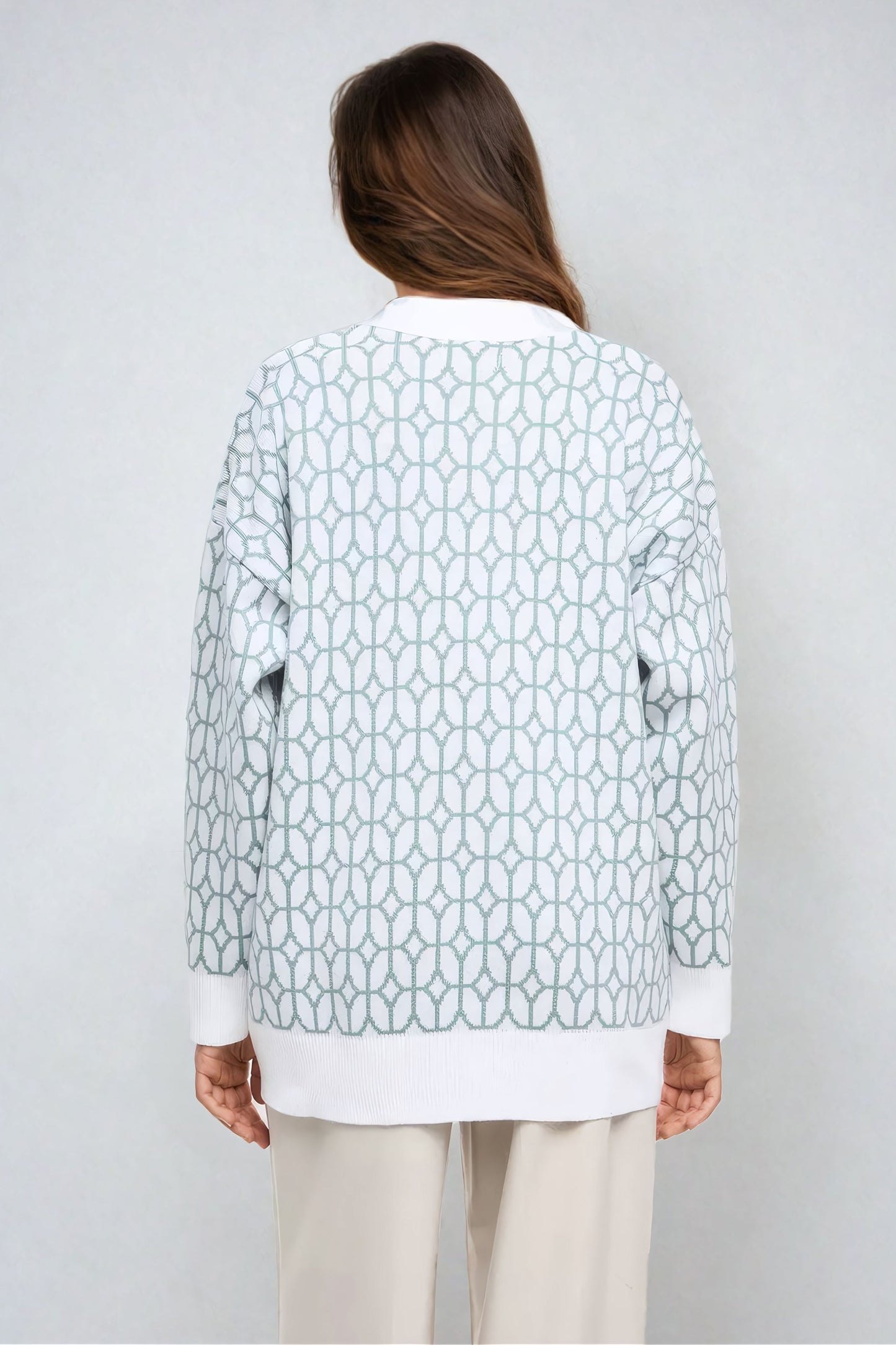Geometric Pattern Button-Up Knitted Cardigan - Light Green