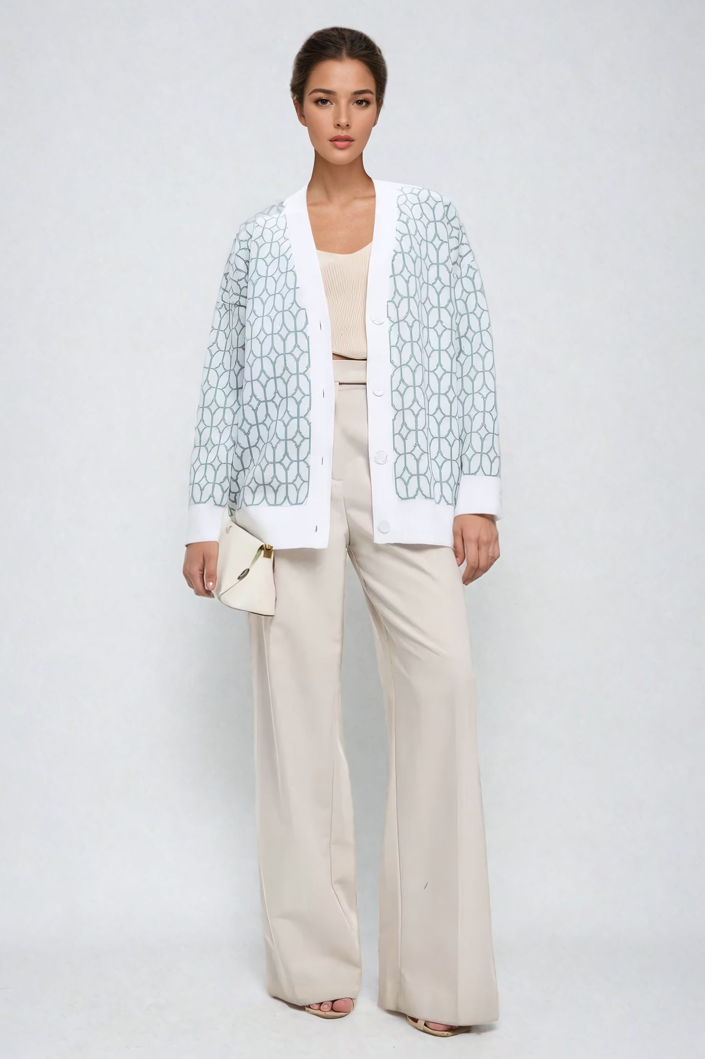 Geometric Pattern Button-Up Knitted Cardigan - Light Green