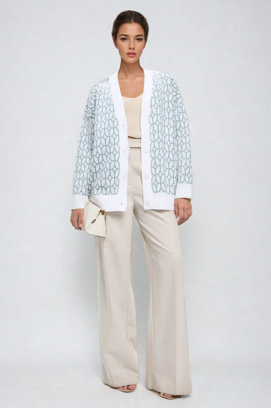 Geometric Pattern Button-Up Knitted Cardigan - Light Green