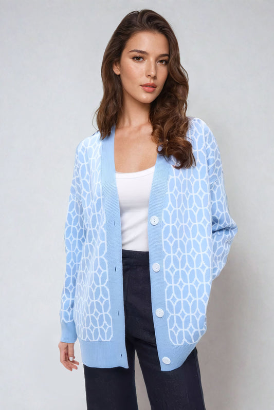 Geometric Pattern Button-Up Knitted Cardigan - Blue