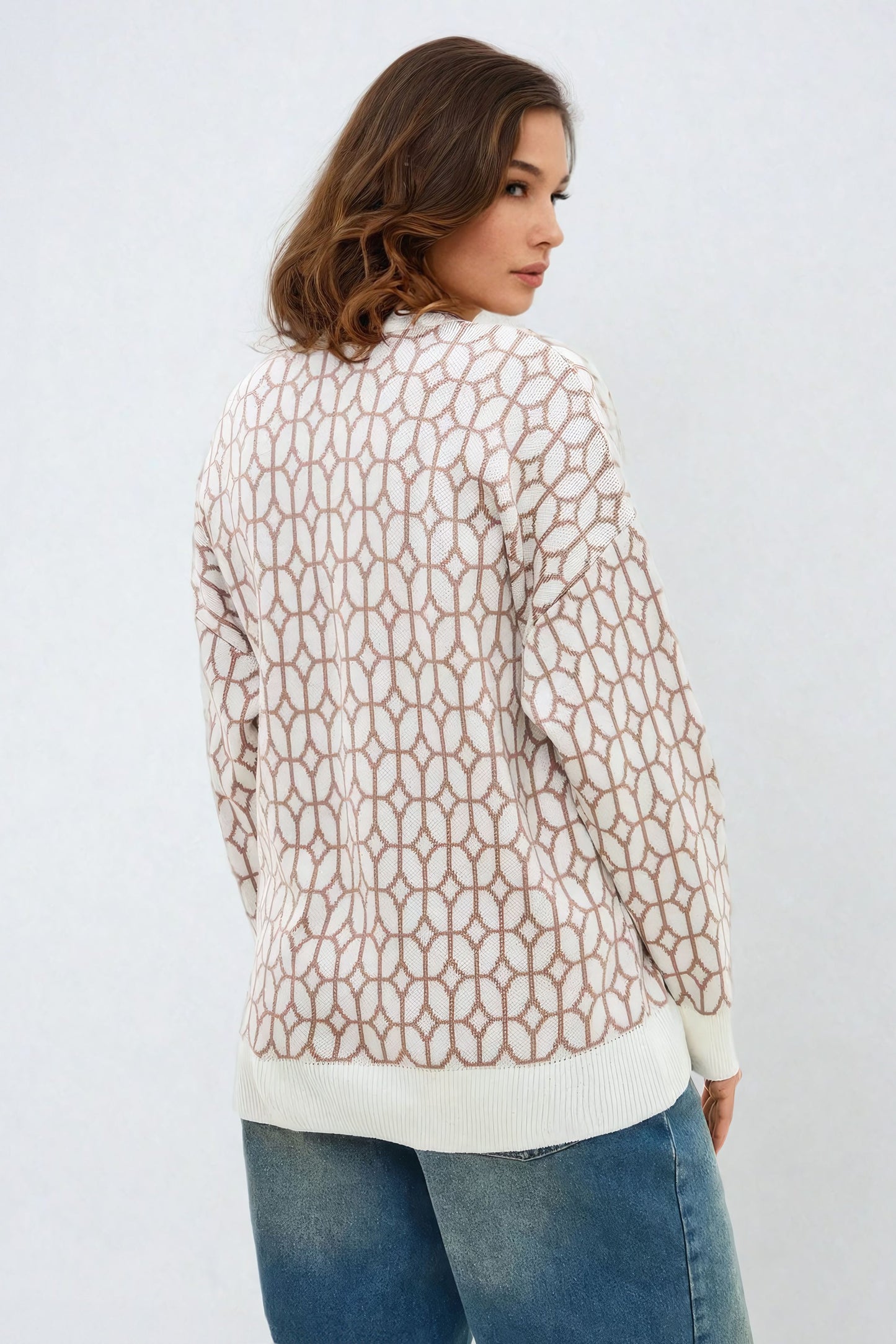 Geometric Pattern Button-Up Knitted Cardigan - Light Brown
