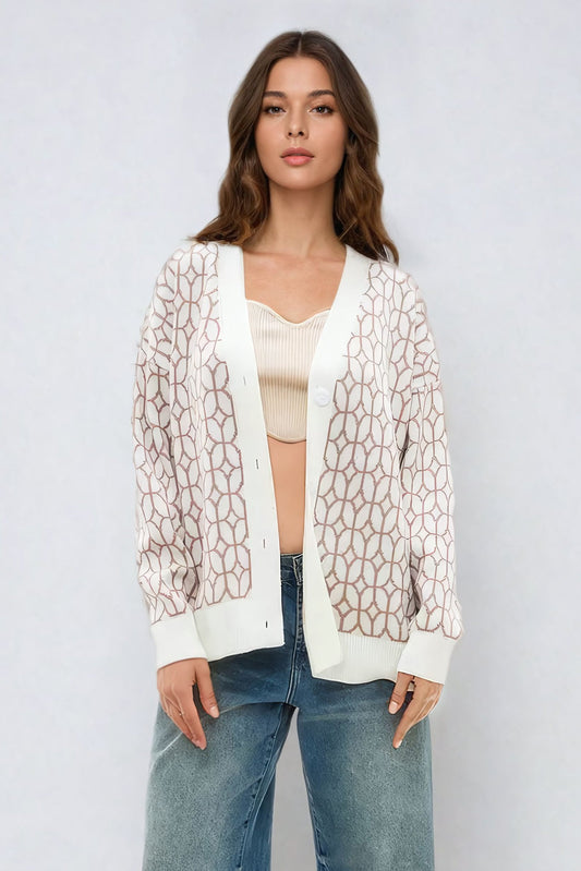 Geometric Pattern Button-Up Knitted Cardigan - Light Brown