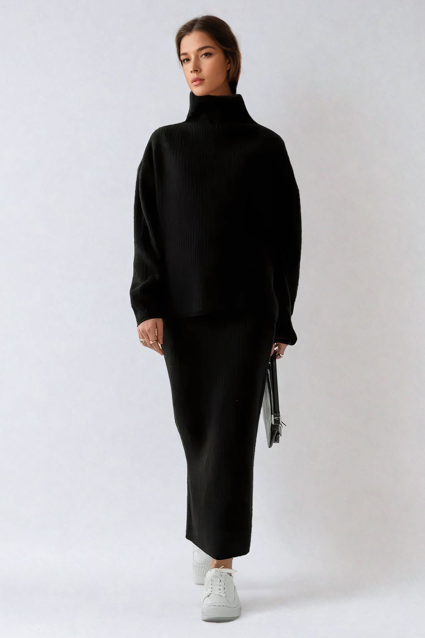 Two-Piece Set with Knitted Sweater and Skirt - Black