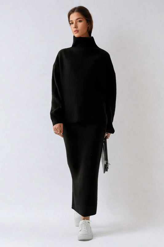 Two-Piece Set with Knitted Sweater and Skirt - Black