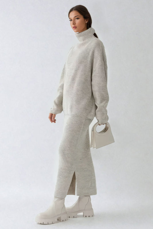 Two-Piece Set with Knitted Sweater and Skirt - Beige