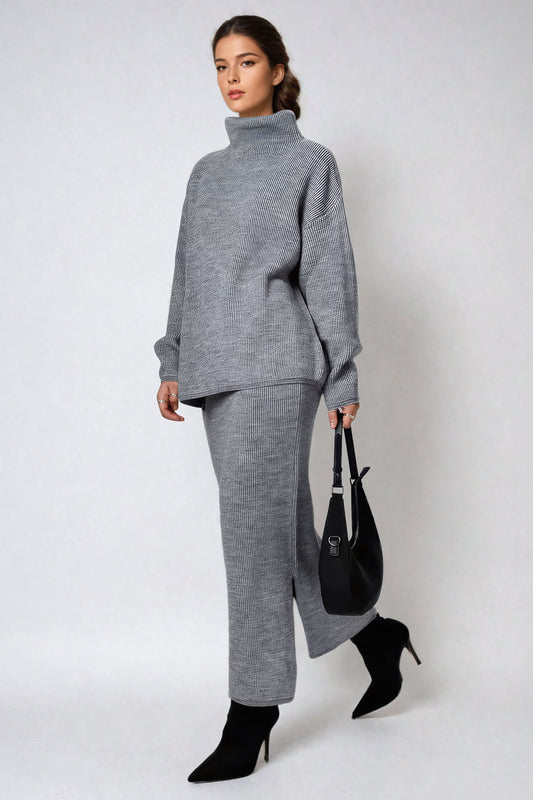 Two-Piece Set with Knitted Sweater and Skirt - Gray