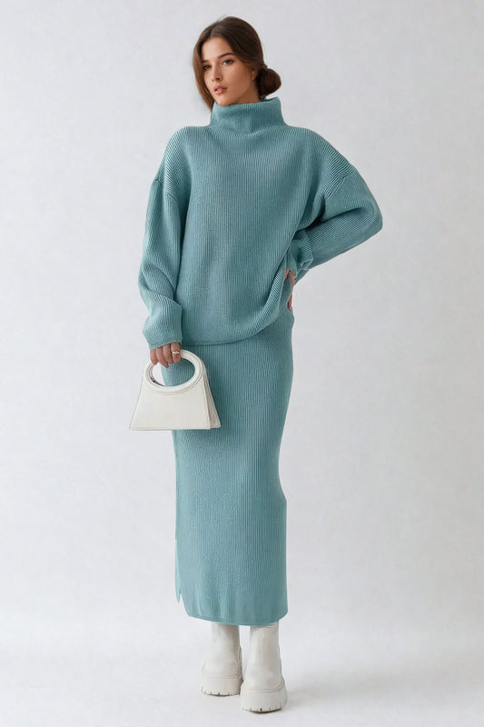 Two-Piece Set with Knitted Sweater and Skirt - Blue