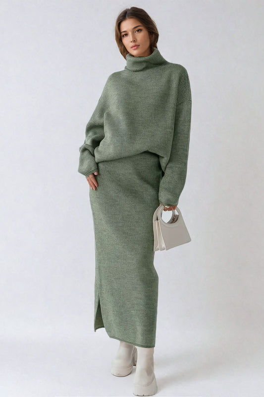 Two-Piece Set with Knitted Sweater and Skirt - Green