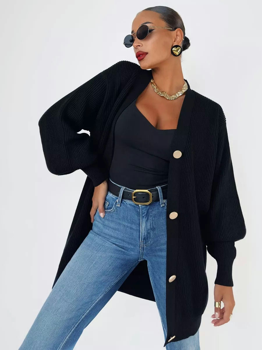 Oversized Ribbed Knit Cardigan with V-Neckline - Black