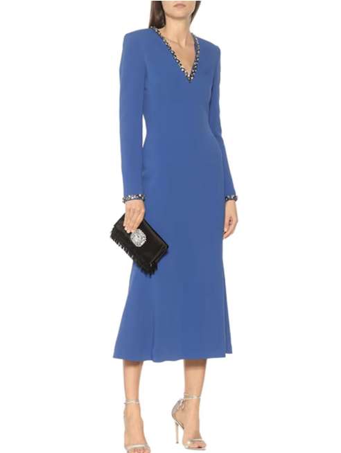 Embellished V-Neck Long-Sleeve Midi Dress - Blue
