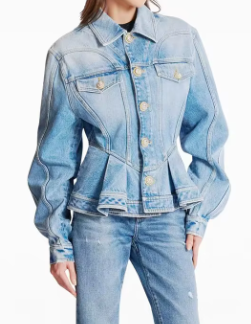 Structured Denim Jacket with Pointed Collar and Peplum Hem - Blue