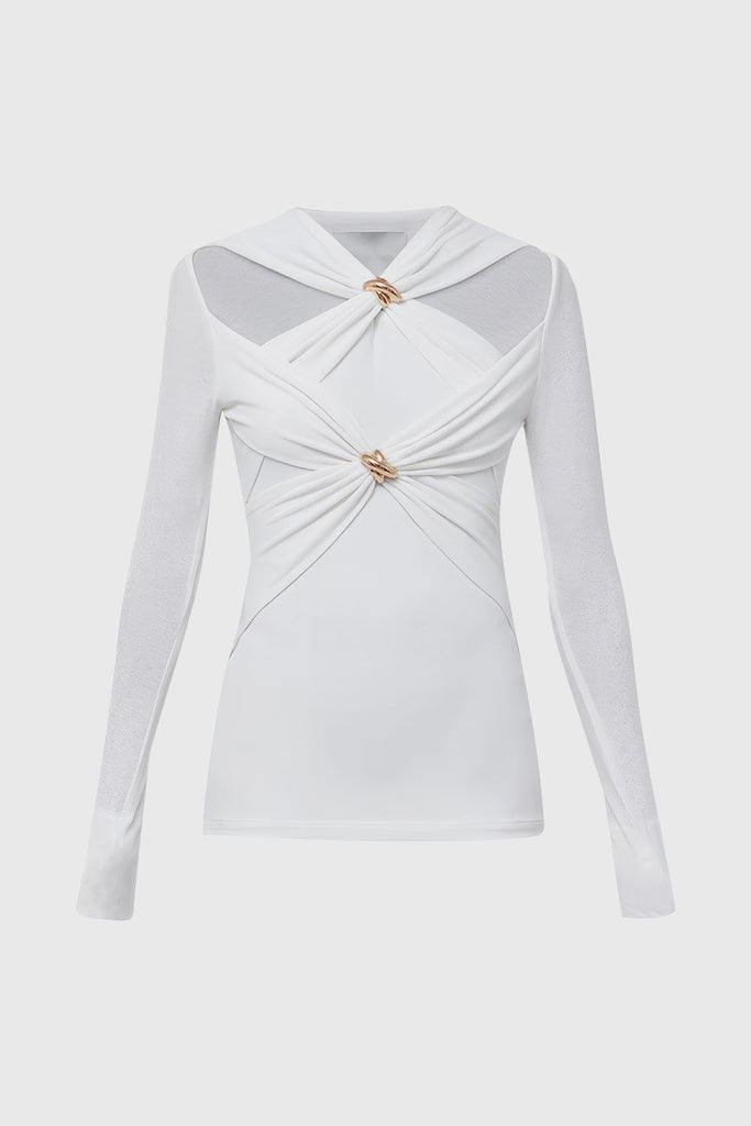 Long Sleeve Top with Gold Details - White