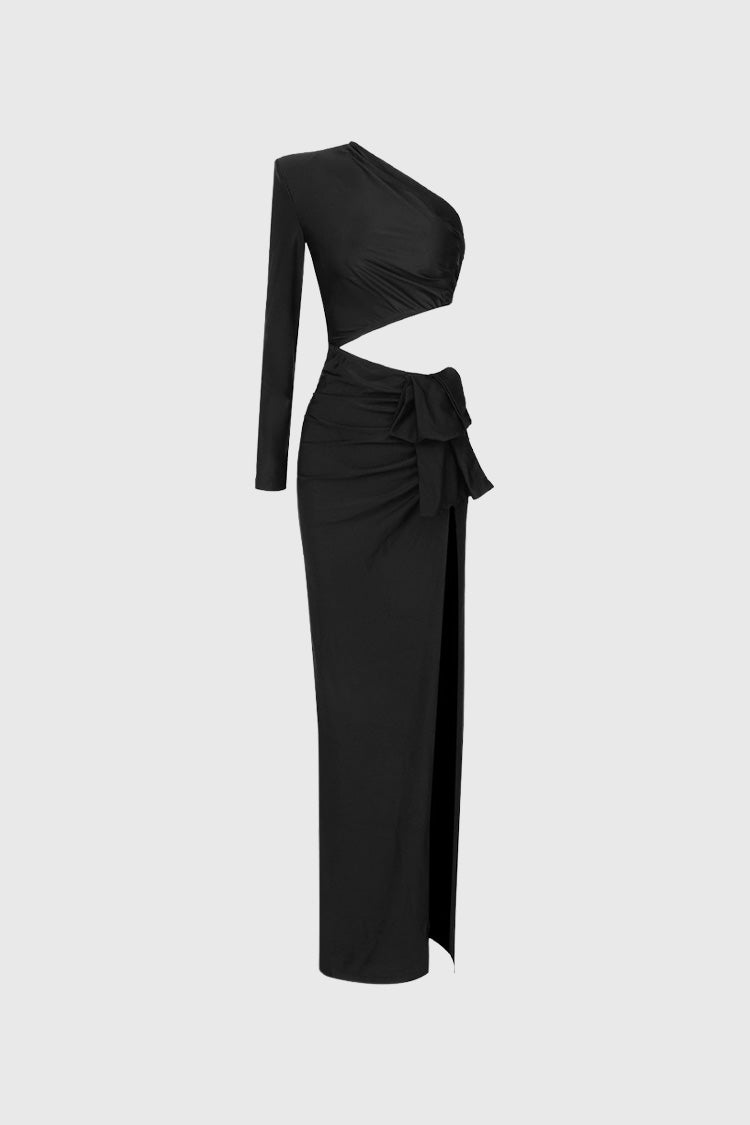 Asymmetrical One-Sleeve Maxi Dress - Black