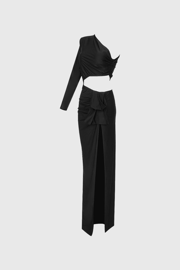 Asymmetrical One-Sleeve Maxi Dress - Black