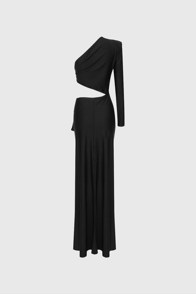 Asymmetrical One-Sleeve Maxi Dress - Black