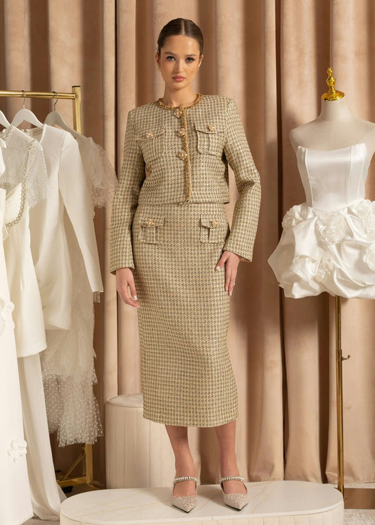 Two-Piece Set with Cropped Jacket and Midi Skirt - Beige