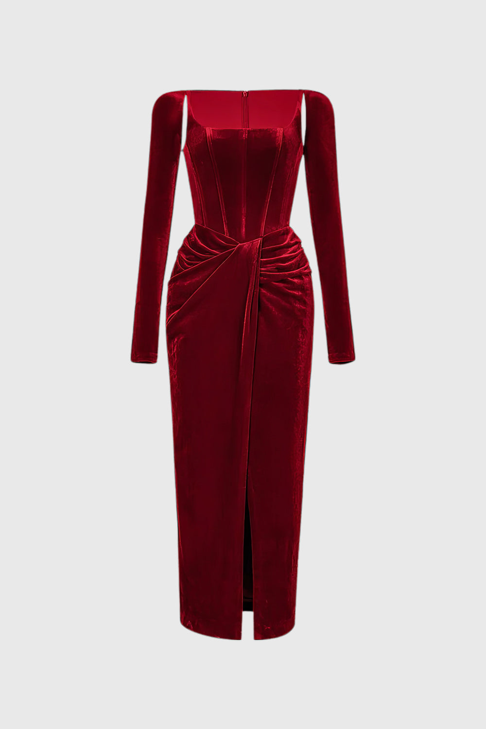 Fitted Midi Dress with Square Neckline and Subtle Pleats - Dark Red