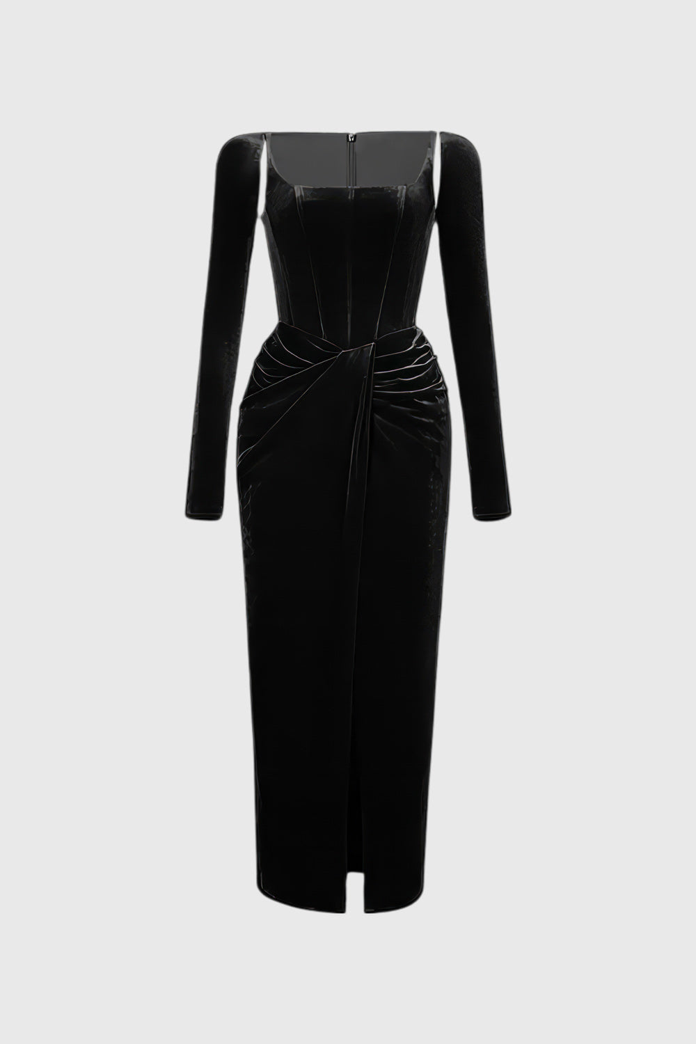 Fitted Midi Dress with Square Neckline and Subtle Pleats - Black