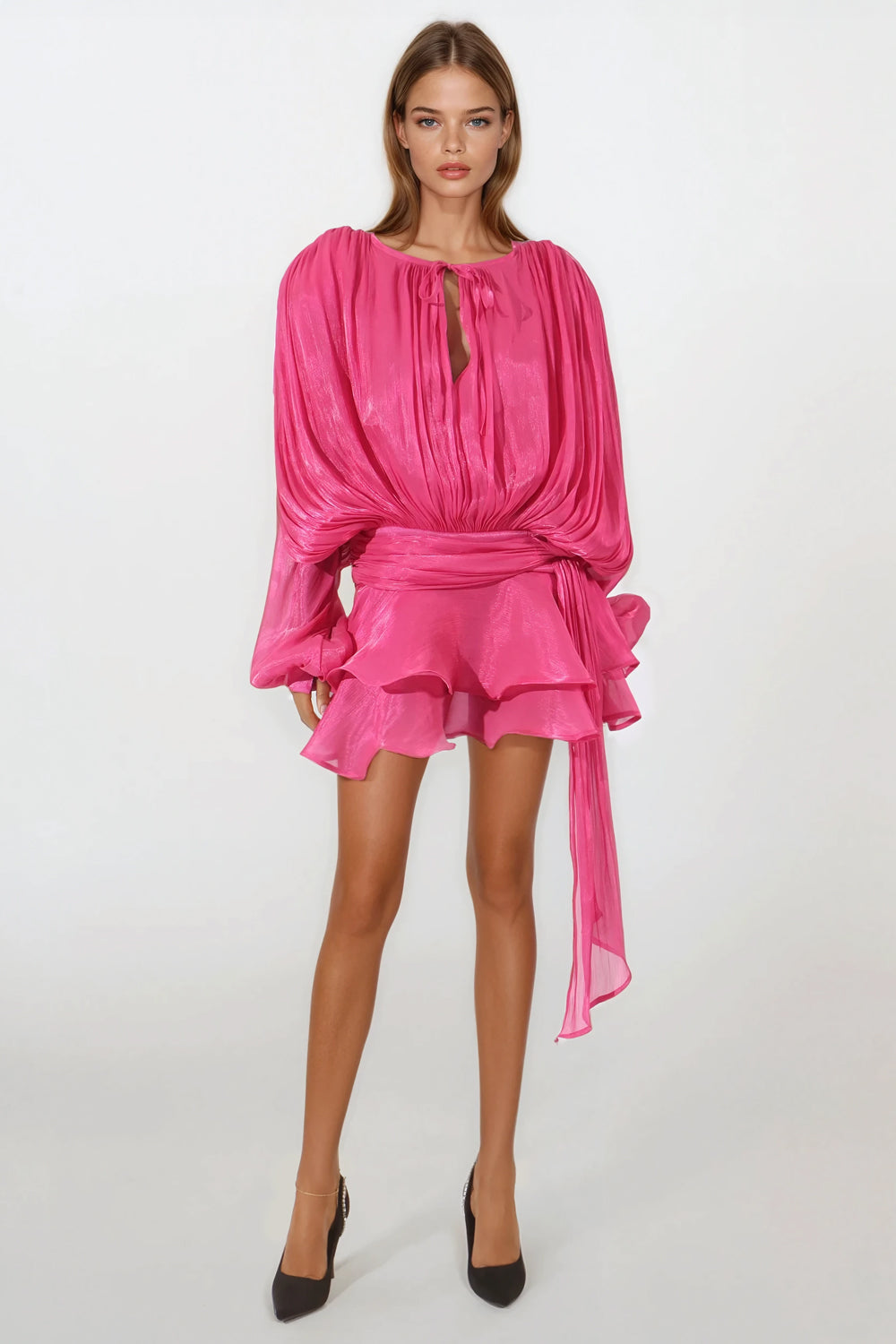 Ruffled Long Sleeved Mini Dress - Pink