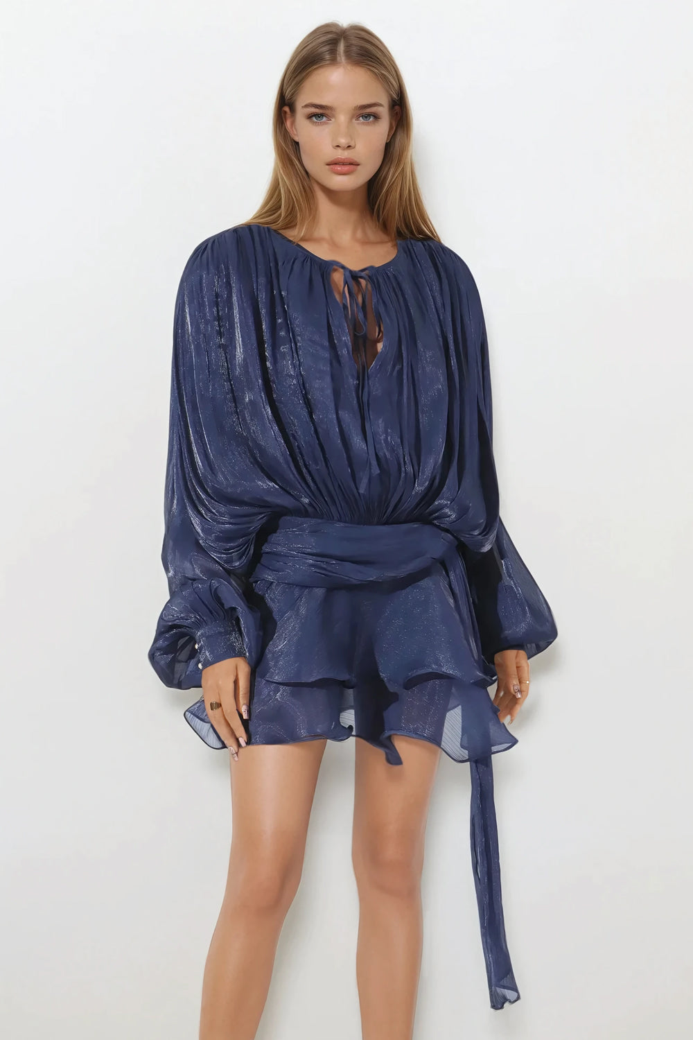 Ruffled Long Sleeved Mini Dress - Dark Blue