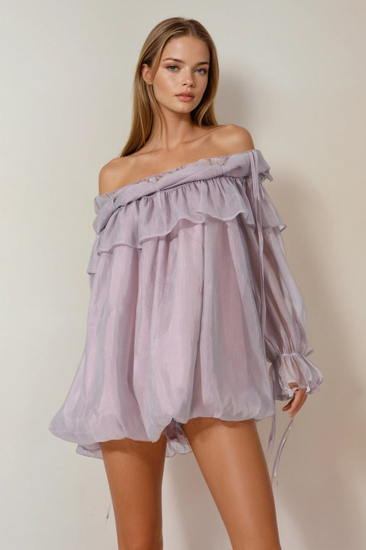 Off-Shoulder Ruffle Trim Top - Purple