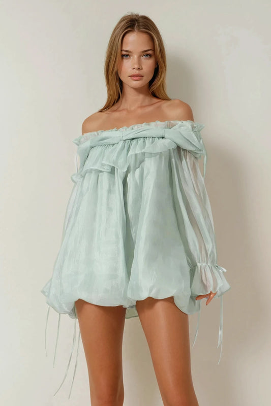 Off-Shoulder Ruffle Trim Top - Mint Green