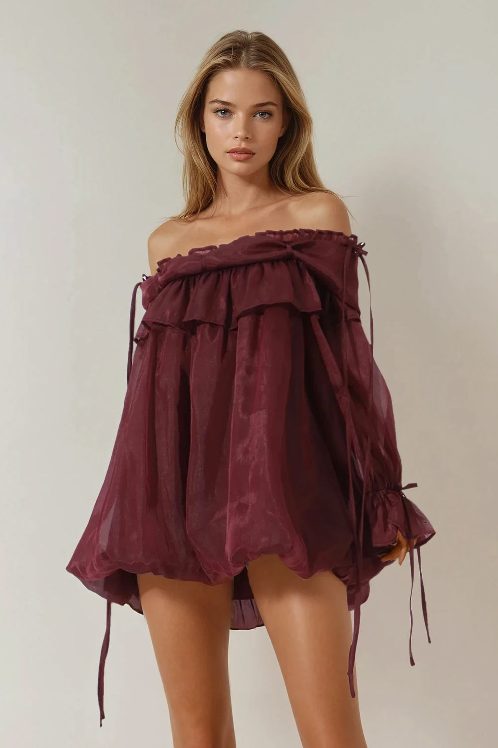 Off-Shoulder Ruffle Trim Top - Burgundy