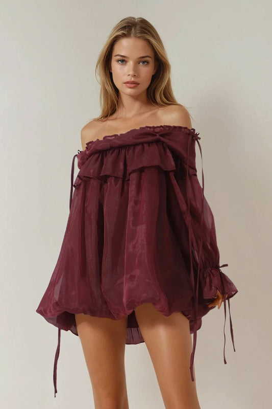 Off-Shoulder Ruffle Trim Top - Burgundy