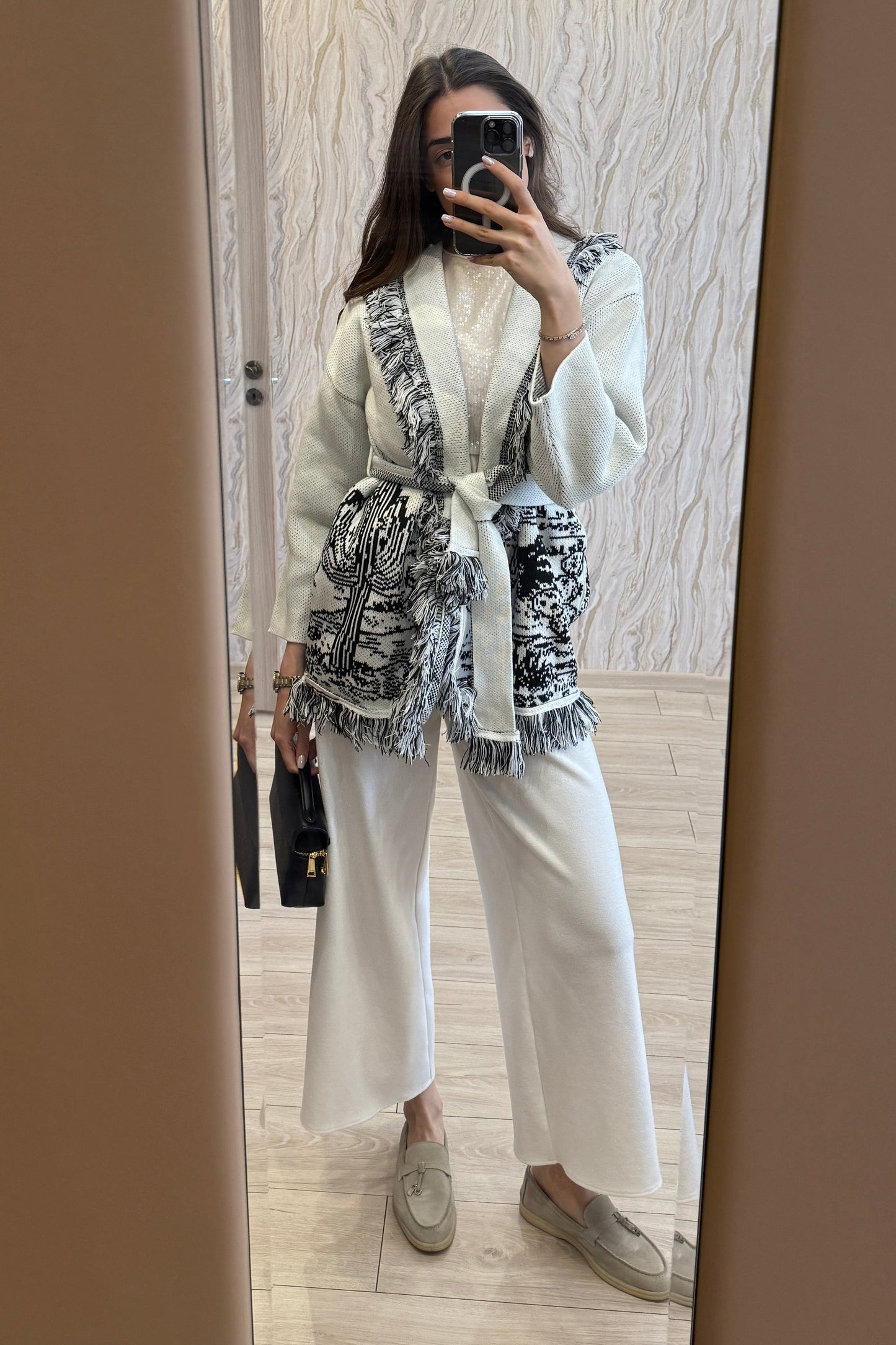 Fringed Belted Coat with Western-Inspired Pattern - White